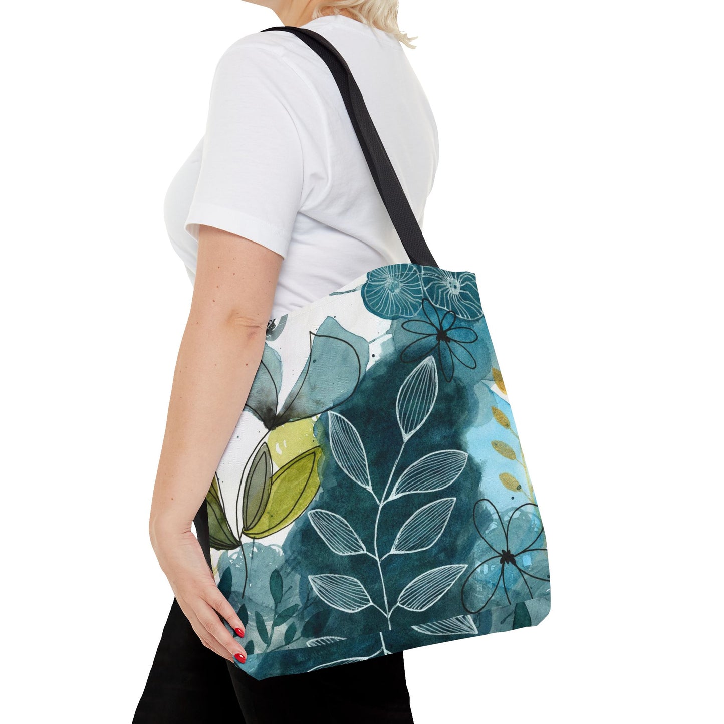 Abstract Blues Watercolor Tote Bag – Teal Floral All-Over Print